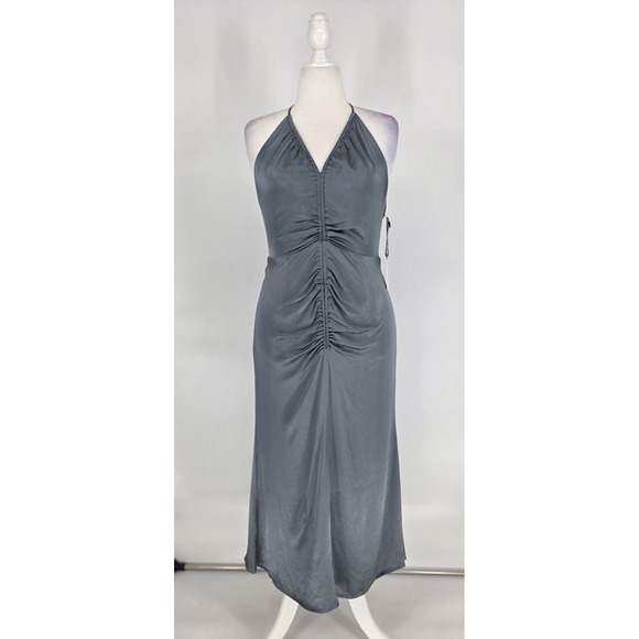 ASTR The Label Toledo Gray Satin Ruched Halter Maxi Dress Womens Sz Large NEW - Picture 2 of 13